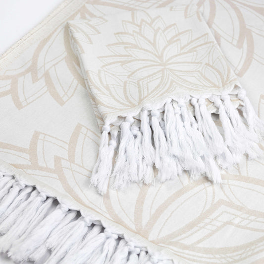 Turkish towels in oat with a floral pattern. Cottage core Canada