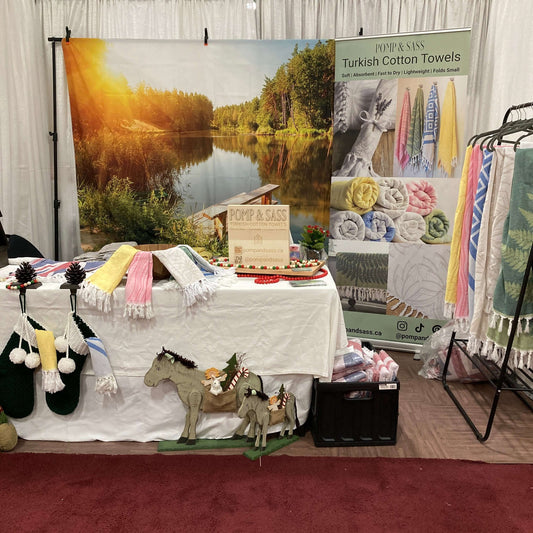 Pomp & Sass Turkish towels booth at the Seasons Christmas Show 2022