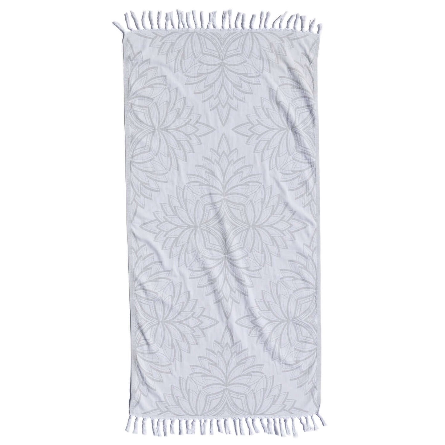 Turkish towels Canada in pure cotton for sustainability. Grey and white floral geometric design.