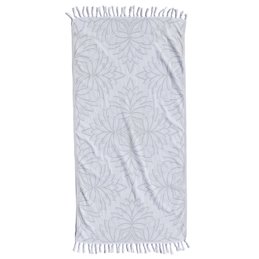 Turkish towels Canada in pure cotton for sustainability. Grey and white floral geometric design.