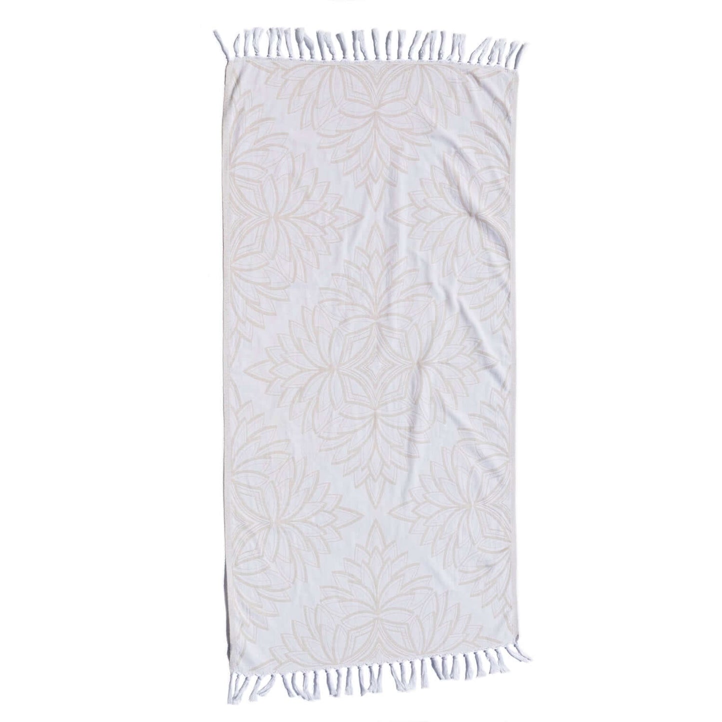 Turkish towels Canada in pure cotton for sustainability. Oat and white floral geometric design.