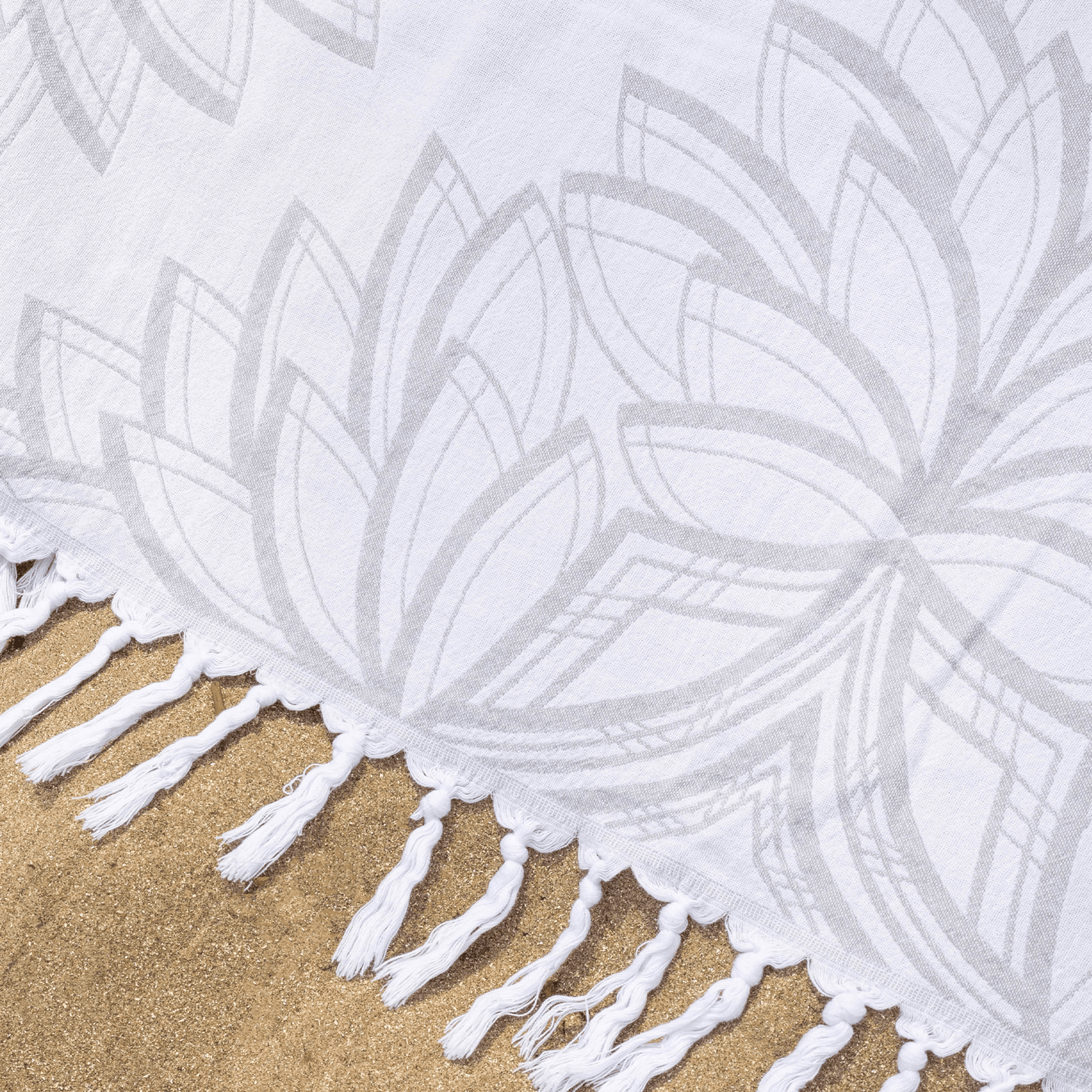 Turkish towels Canada in pure cotton for sustainability. Grey and white floral geometric design.