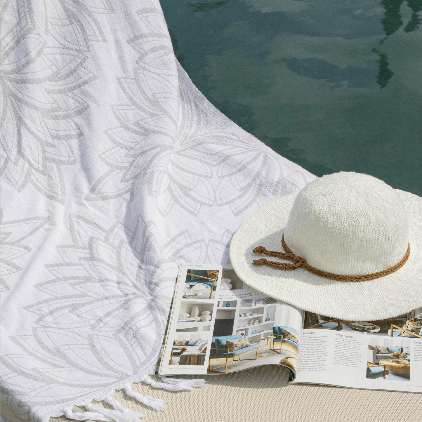 Turkish towels Canada in pure cotton for sustainability. Grey and white floral geometric design.
