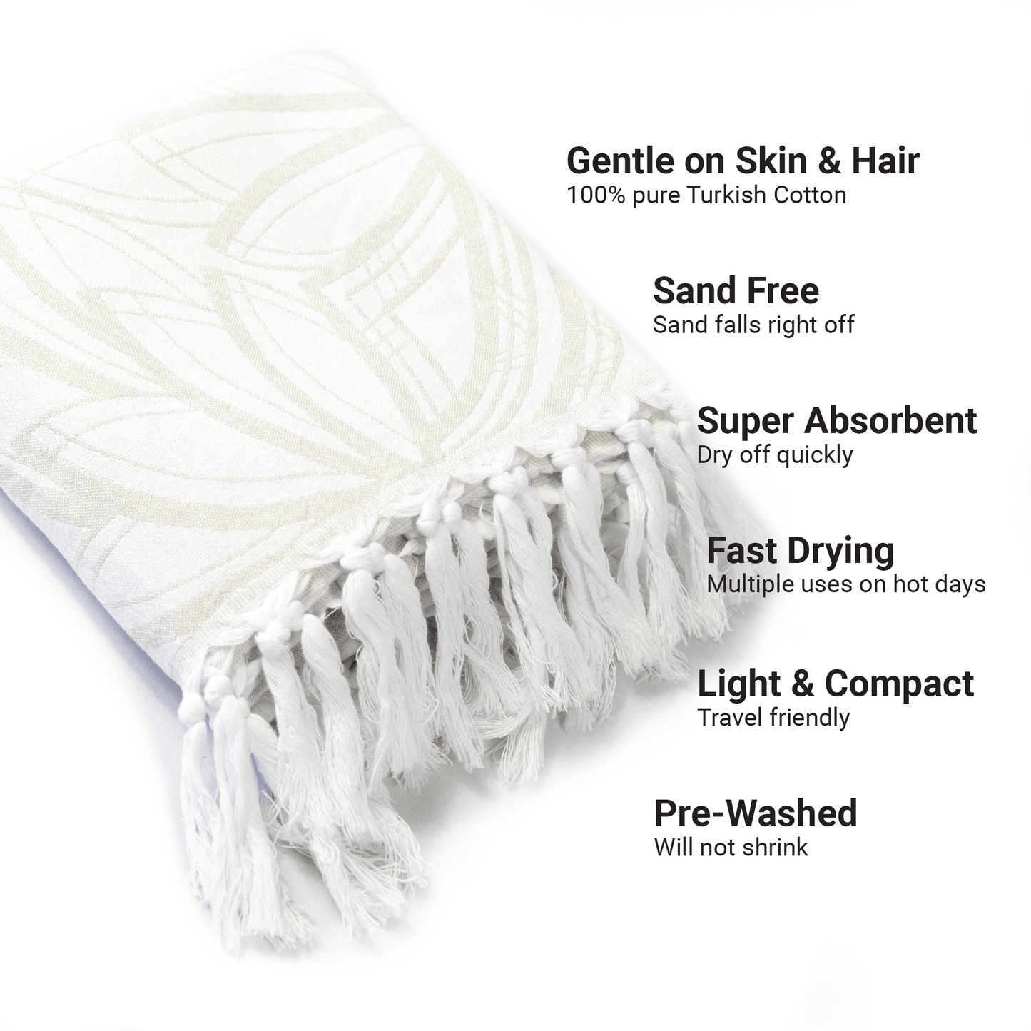 Turkish towels Canada in pure cotton for sustainability. Oat and white floral geometric design.