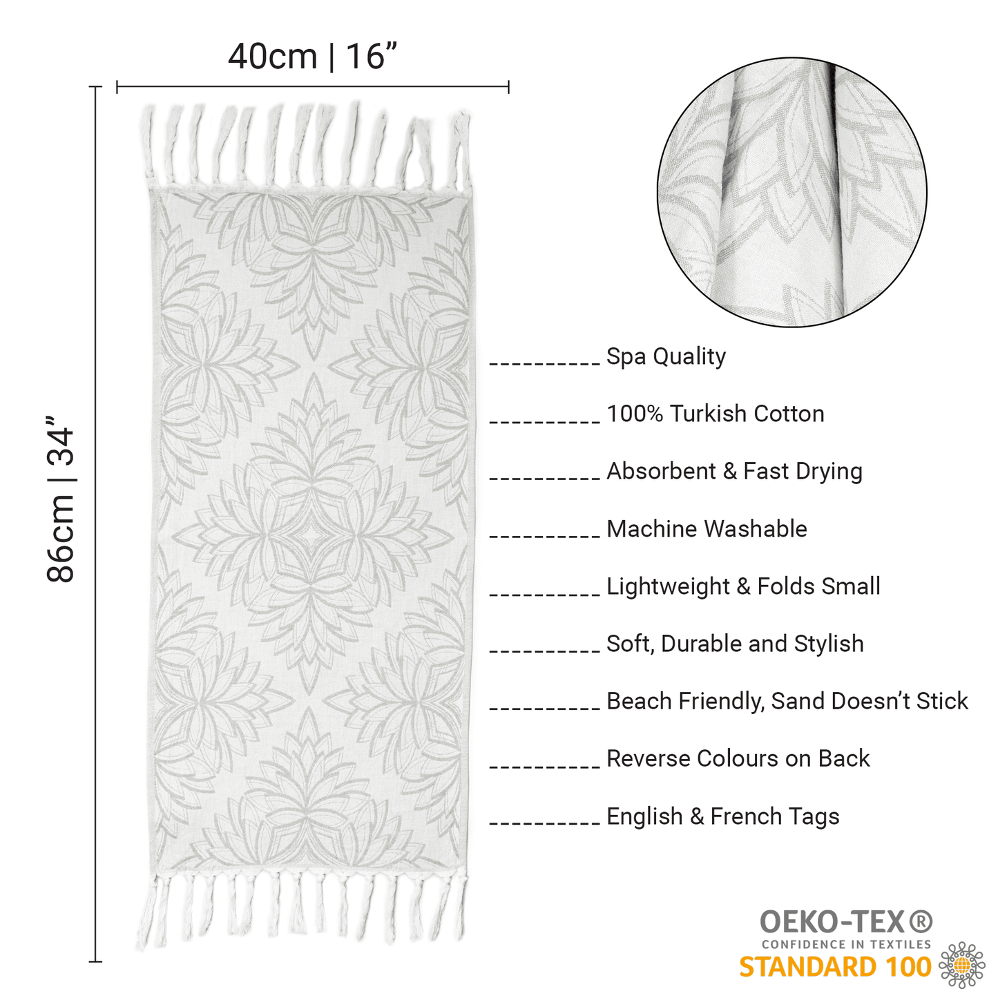 Turkish towels Canada in a large hand towel or tea towel. Pure cotton for sustainability. From a small Canadian business. Grey floral.