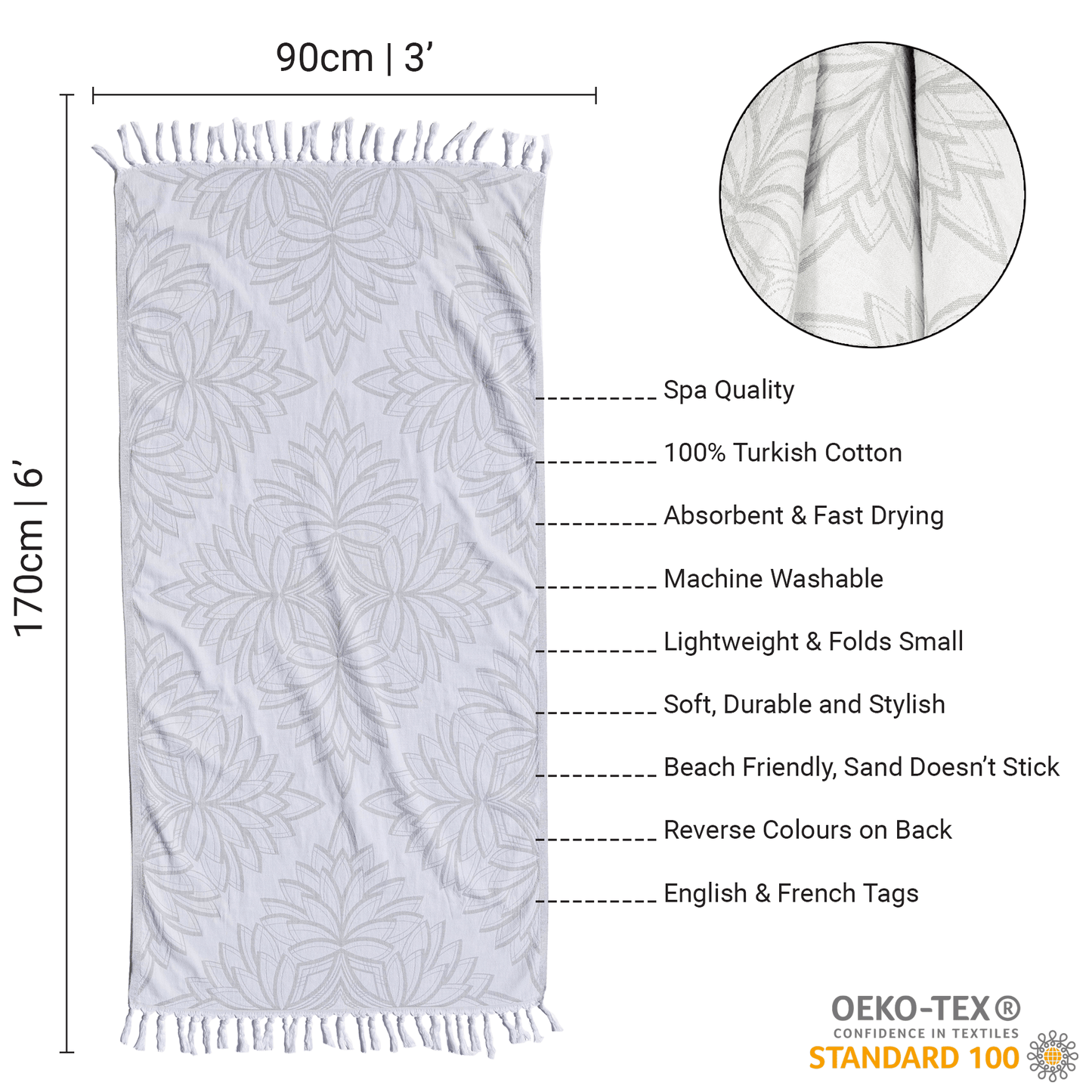 Turkish towels Canada in pure cotton for sustainability. Grey and white floral geometric design.