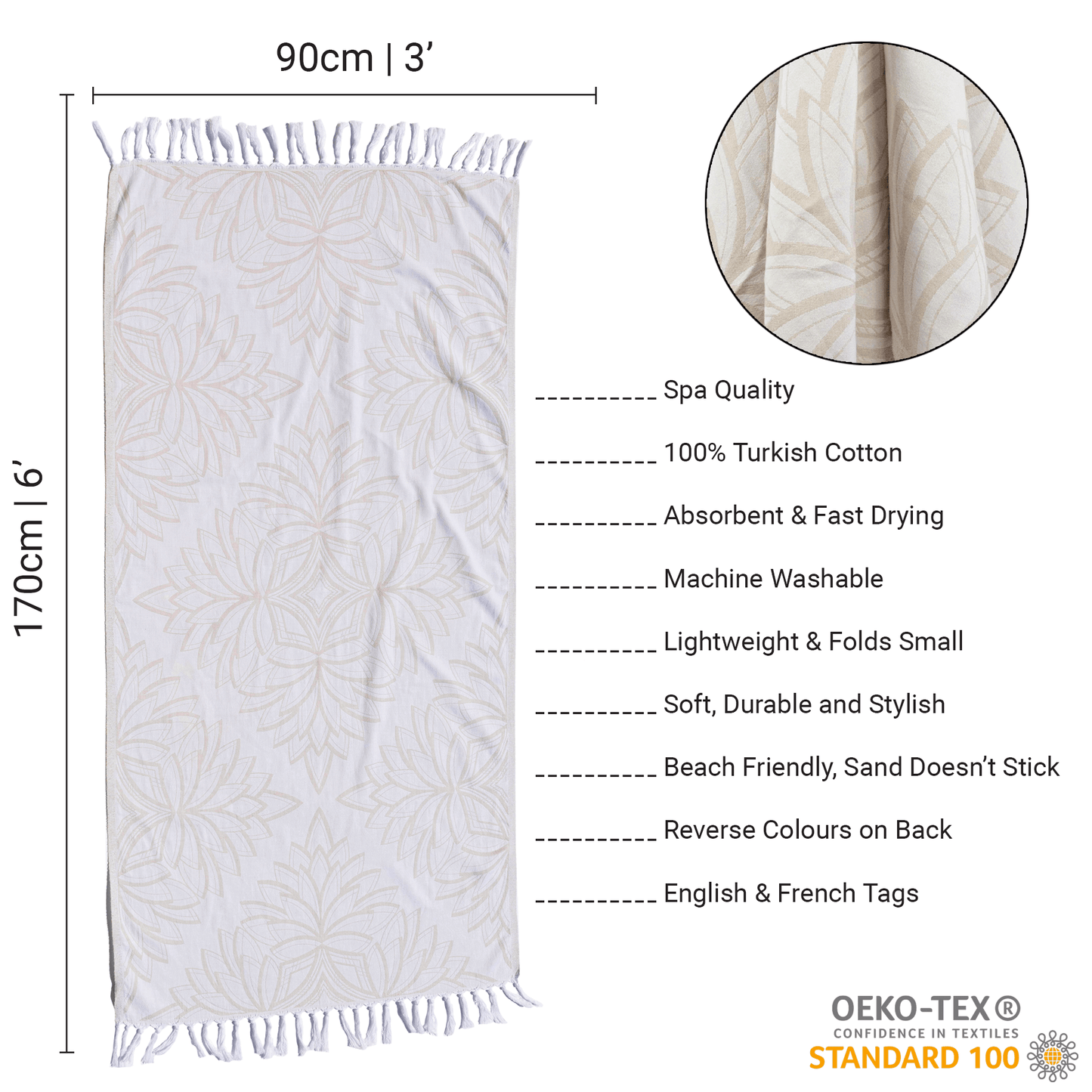 Turkish towels Canada in pure cotton for sustainability. Oat and white floral geometric design.