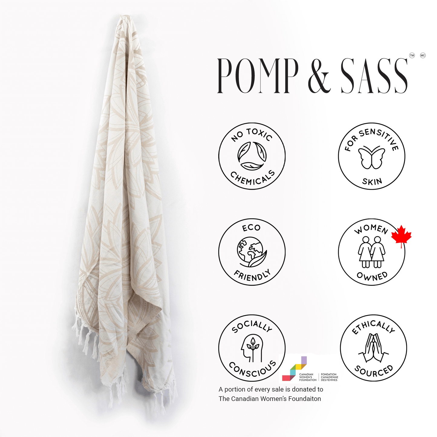 Turkish towels Canada in pure cotton for sustainability. Oat and white floral geometric design.