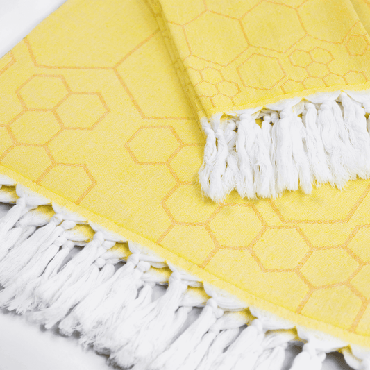 Turkish towels Canada set in yellow honeycomb. Pure Turkish cotton for sustainability. Machine was and dry. A gift set.