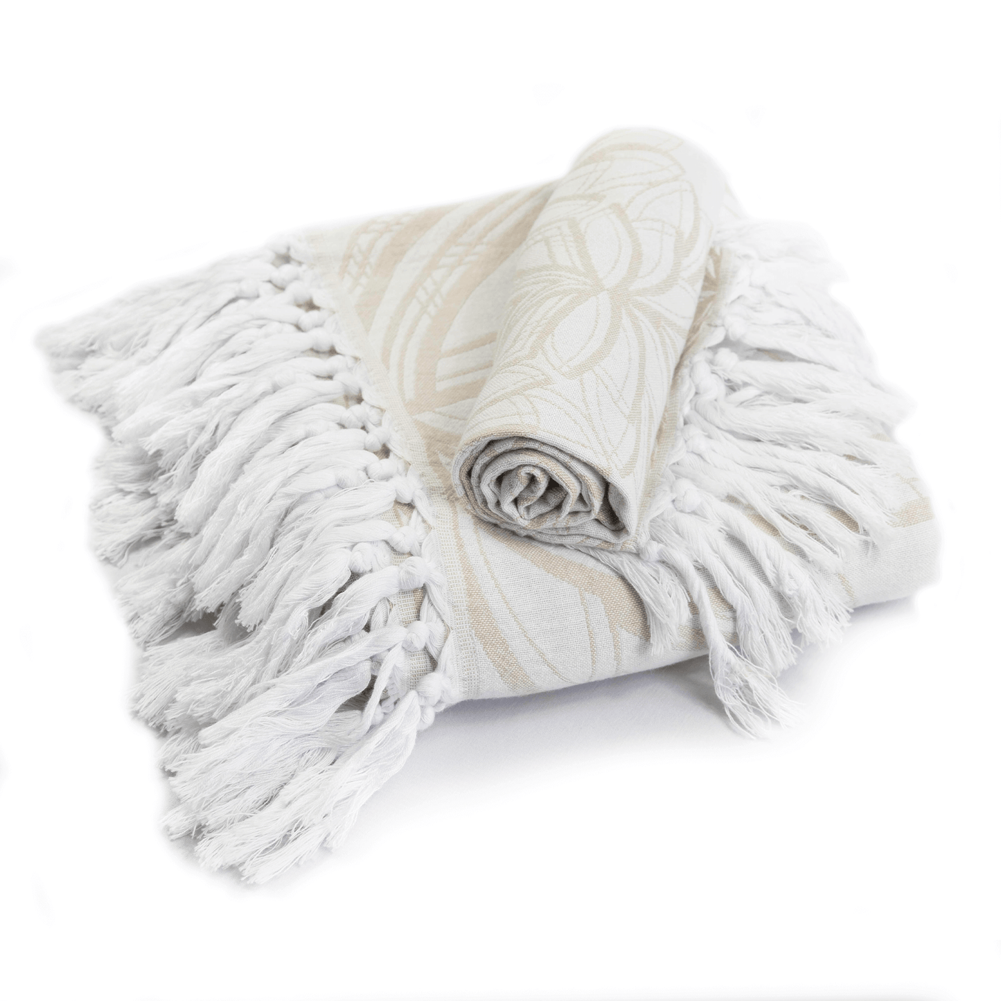 Turkish towels Canada set in oat and white floral. Pure Turkish cotton for sustainability. Machine was and dry. A gift set.