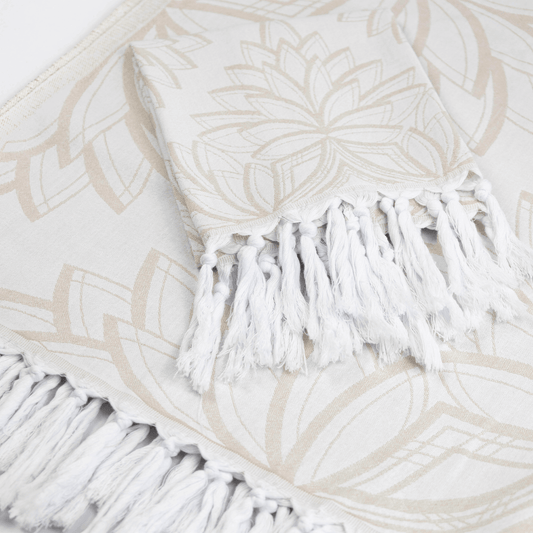 Turkish towels Canada set in oat and white floral. Pure Turkish cotton for sustainability. Machine was and dry. A gift set.