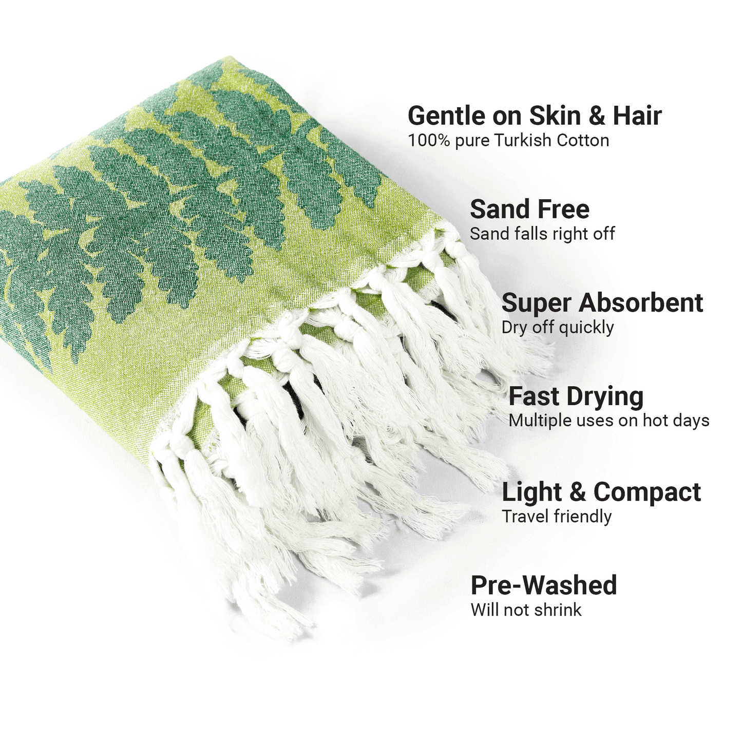 Turkish towels Canada in pure cotton for sustainability. Green fern design.
