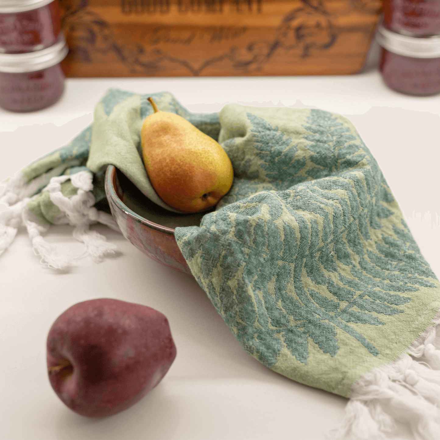 Green Turkish Hand Towel in the kitchen with pears 