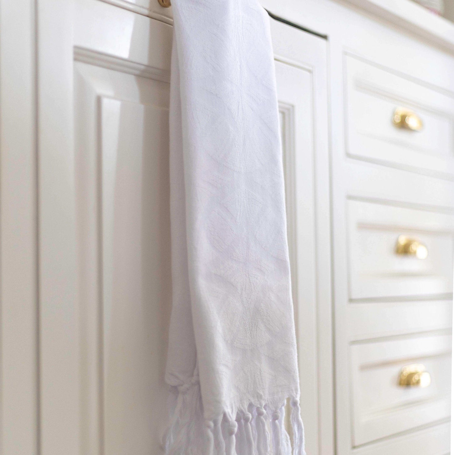 Turkish towels Canada in a large hand towel or tea towel. Pure cotton for sustainability. From a small Canadian business. White towel..