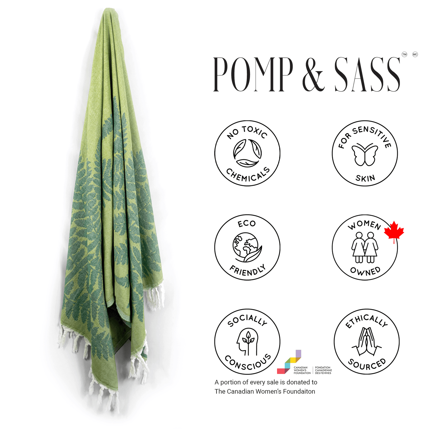Turkish towels Canada in pure cotton for sustainability. Green fern design.