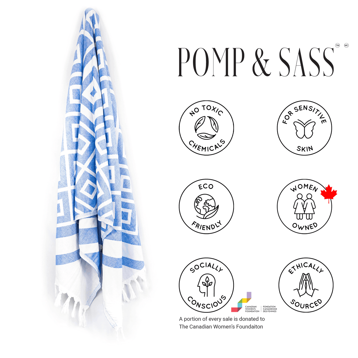 Turkish towels Canada in pure cotton for sustainability. Blue and white geometric design.
