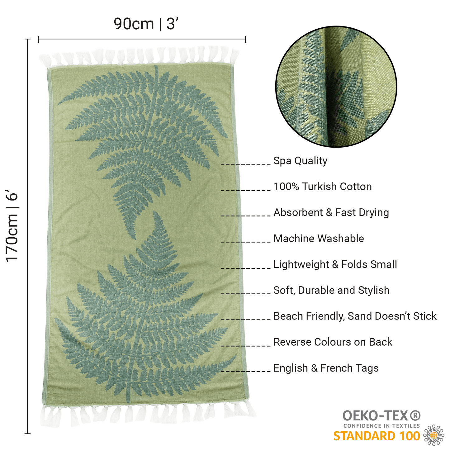 Turkish towels Canada in pure cotton for sustainability. Green fern design.