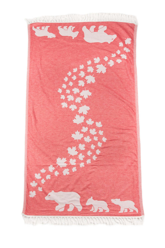 Custom Turkish towel for promotional merchandise in red and white Canadian leaves and bears