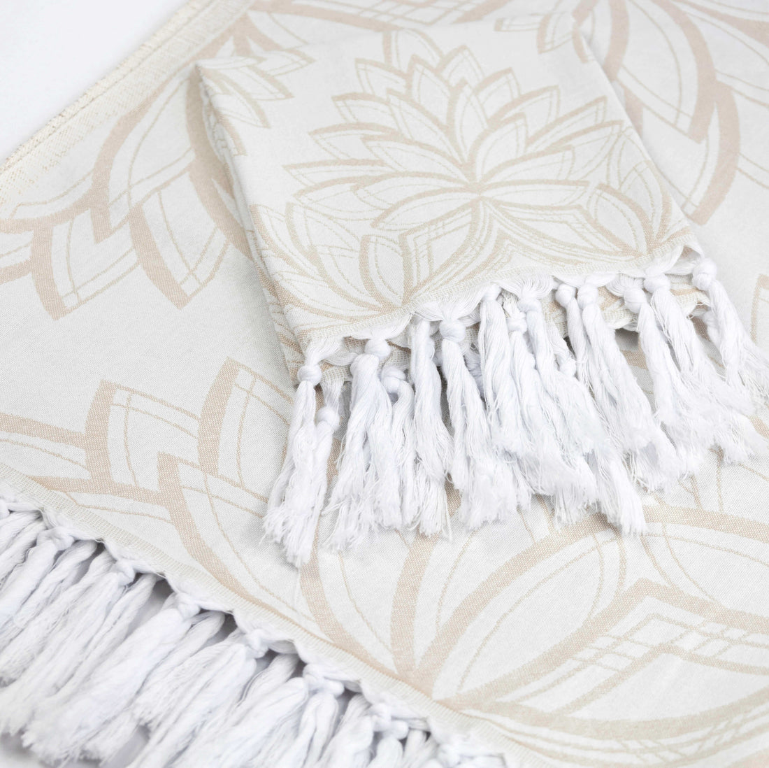 Turkish towels in oat with a floral pattern. Cottage core Canada
