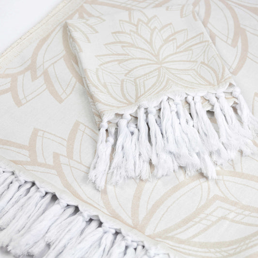 Turkish towels in oat with a floral pattern. Cottage core Canada