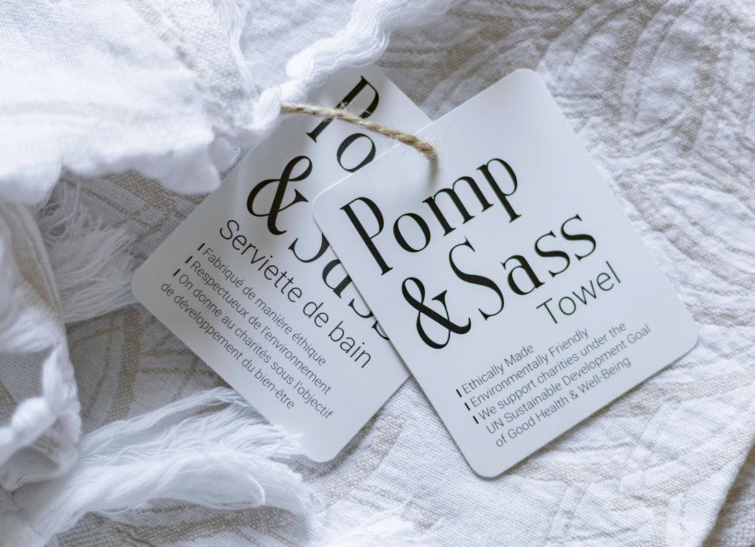 Pomp & Sass Turkish towel swing tags. Promotional merchandise by a Canadian diverse supplier