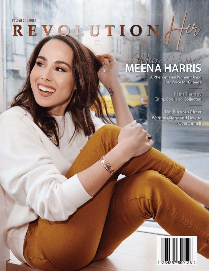 Revolution Her magazine cover with Meena Harris on the front cover. Read the article '5 ways your business can make social change' on page 39 of Volume 2 Issue 1 written by Nikky Starrett, founder of Pomp & Sass luxury woven towels, a social enterprise