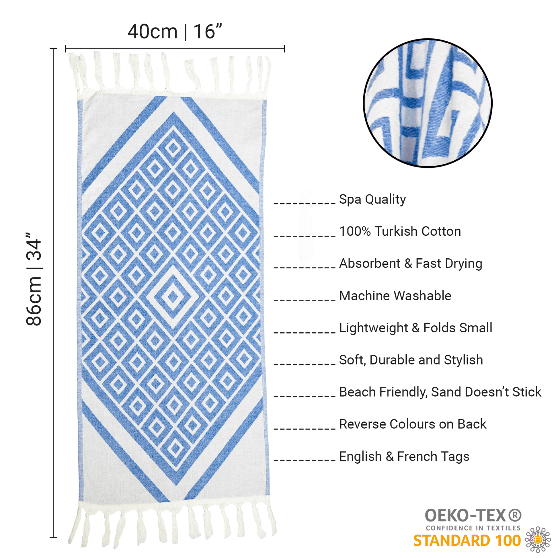 Turkish Cotton Towel Set / Geo Diamond in Blue + White