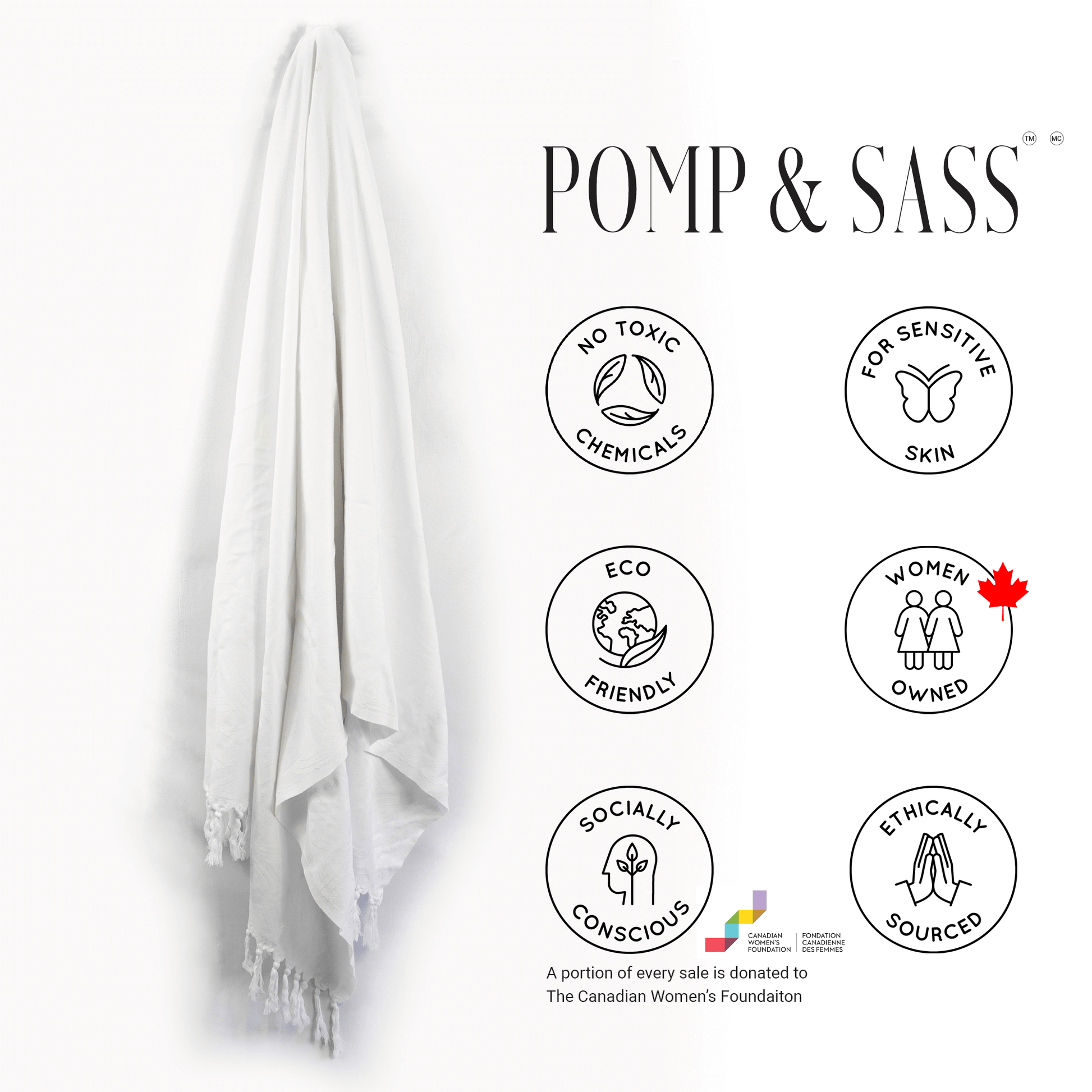 Turkish cotton towel in white by Pomp & Sass, a small Canadian business and social enterprise