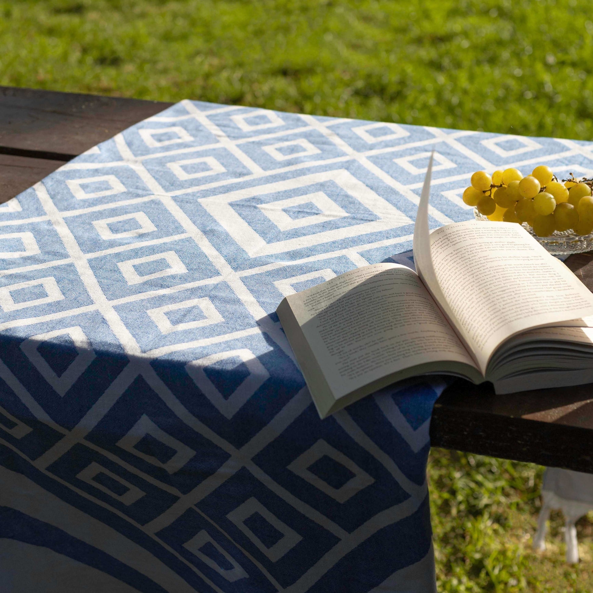 White and blue Turkish towel picnic tablecloth summer