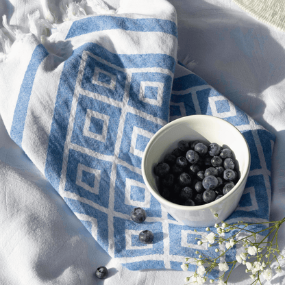 Blue and white hand Turkish Towel at a picnic with blueberries