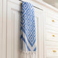 Blue and white hand Turkish Towel hanging in the kitchen as a tea towel