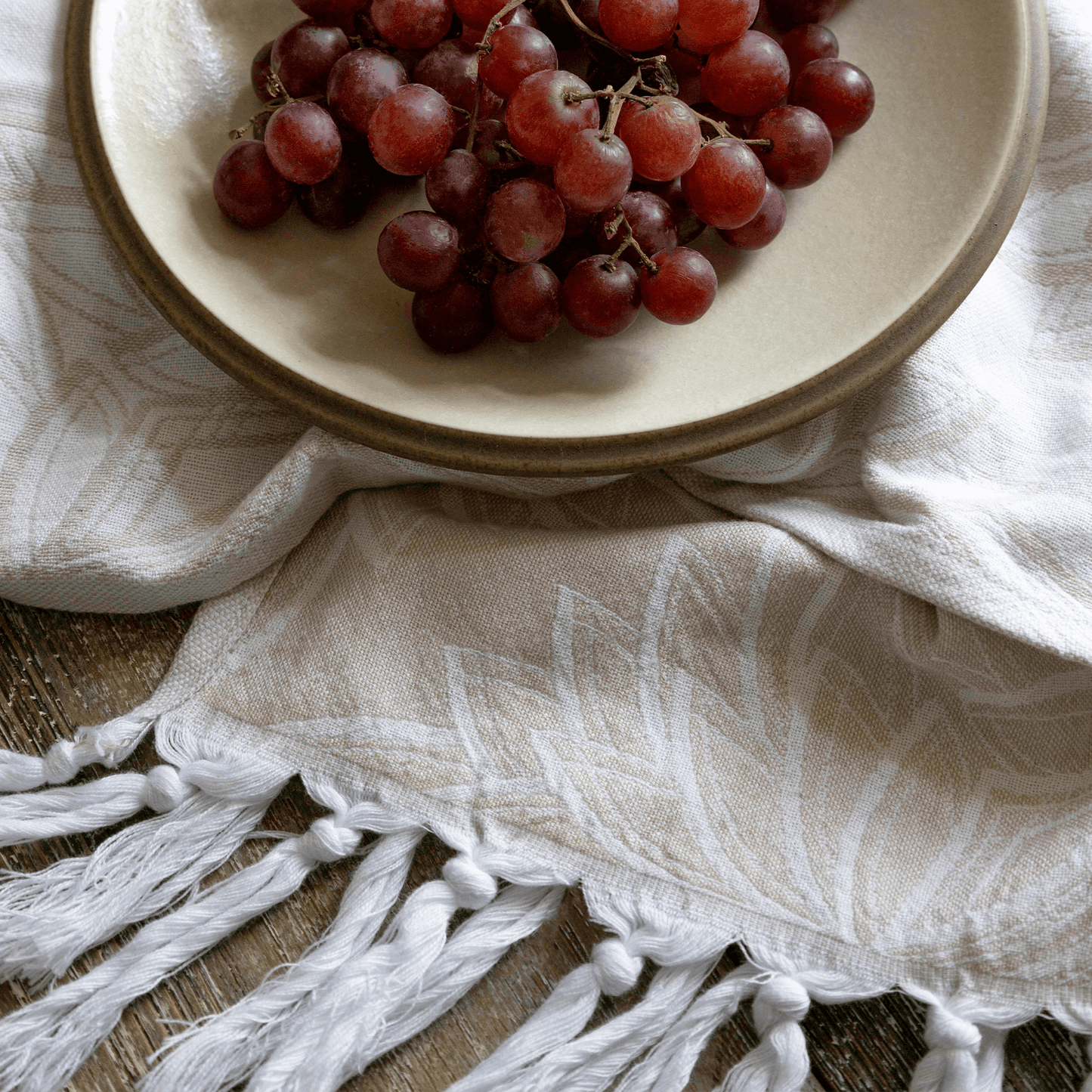 oat and white Turkish hand towel with grapes as a tea towel