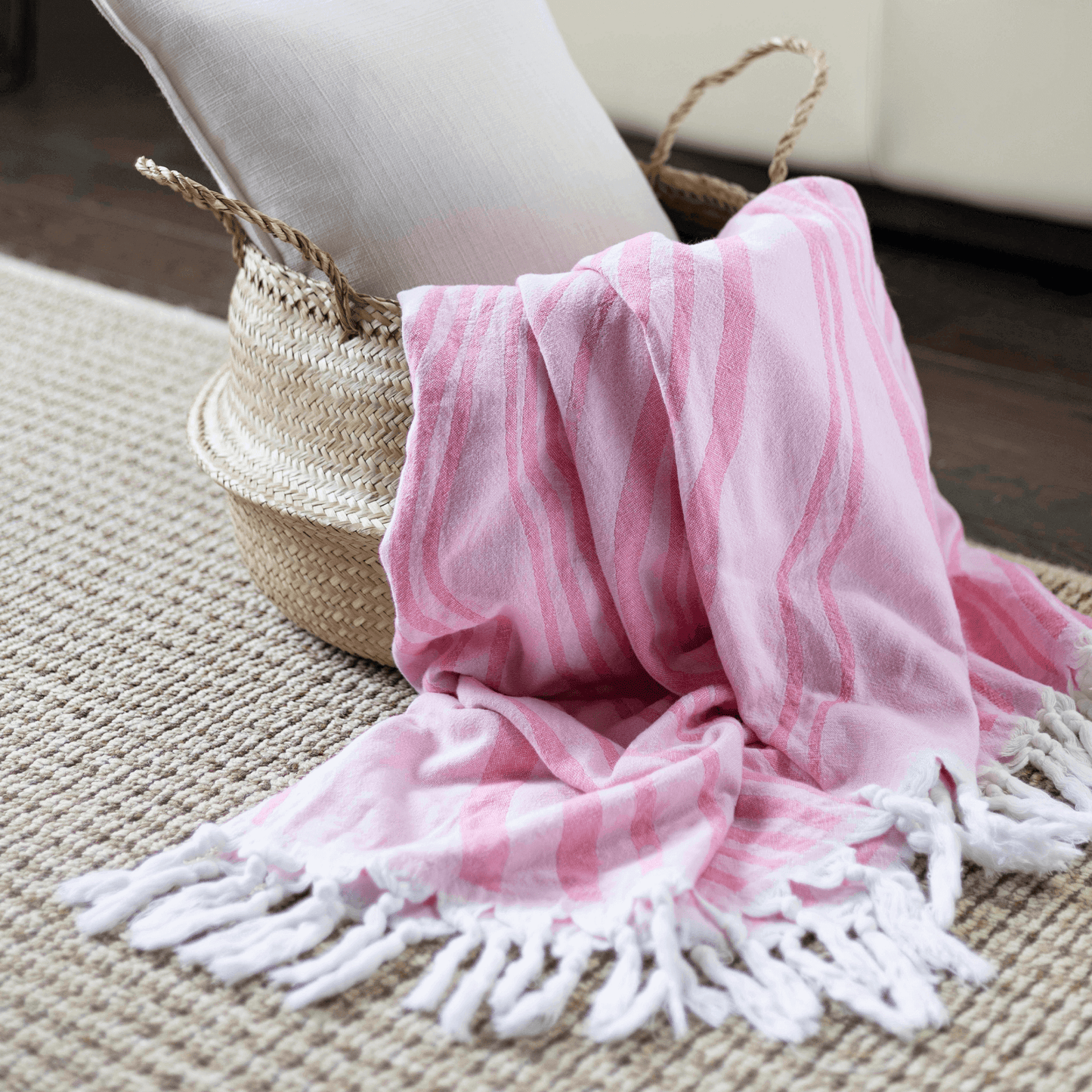 Pink stripped Turkish towel in the living room as decor