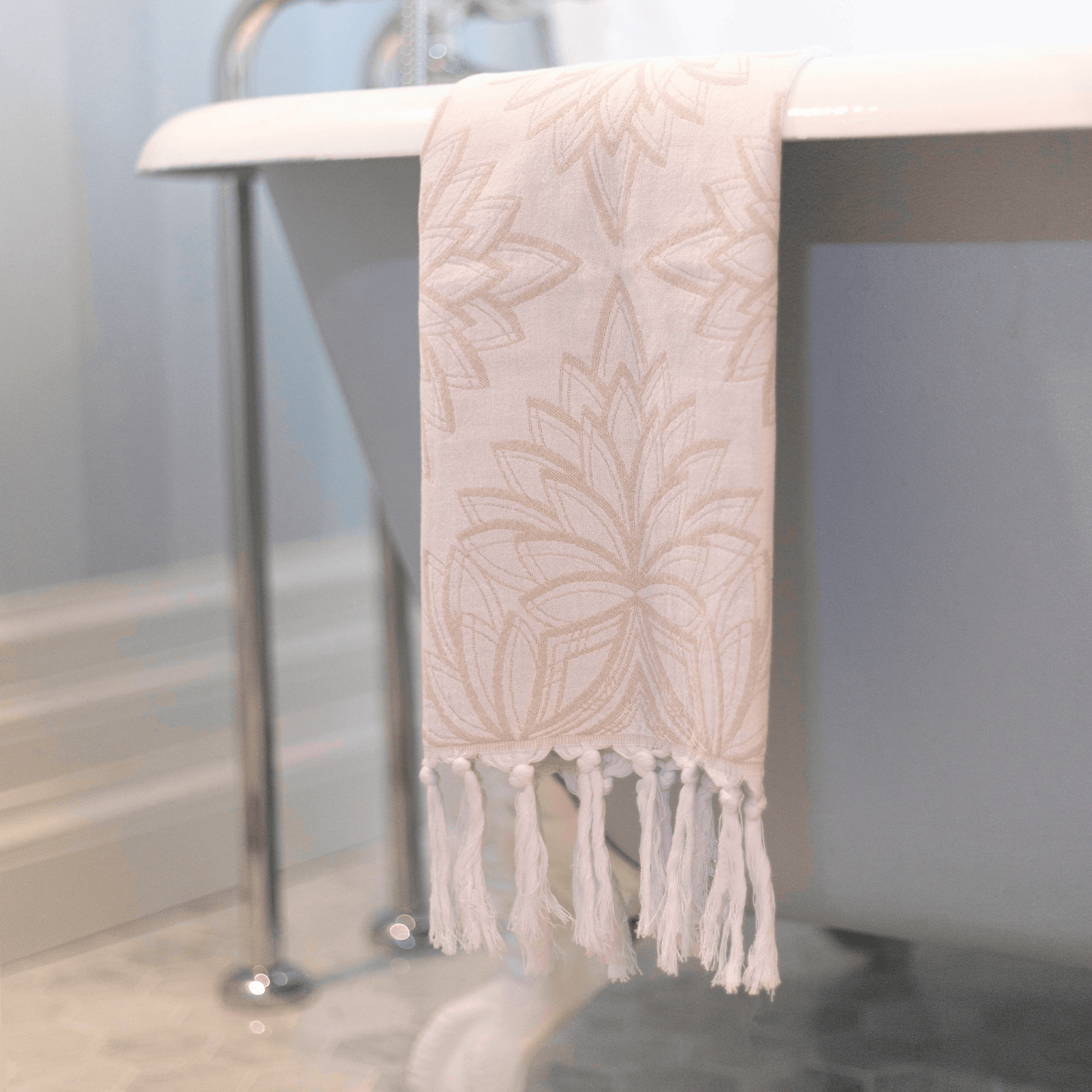 oat and white Turkish hand towel in the bath